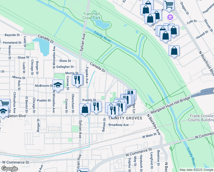 map of restaurants, bars, coffee shops, grocery stores, and more near 3328 Brantley Street in Dallas