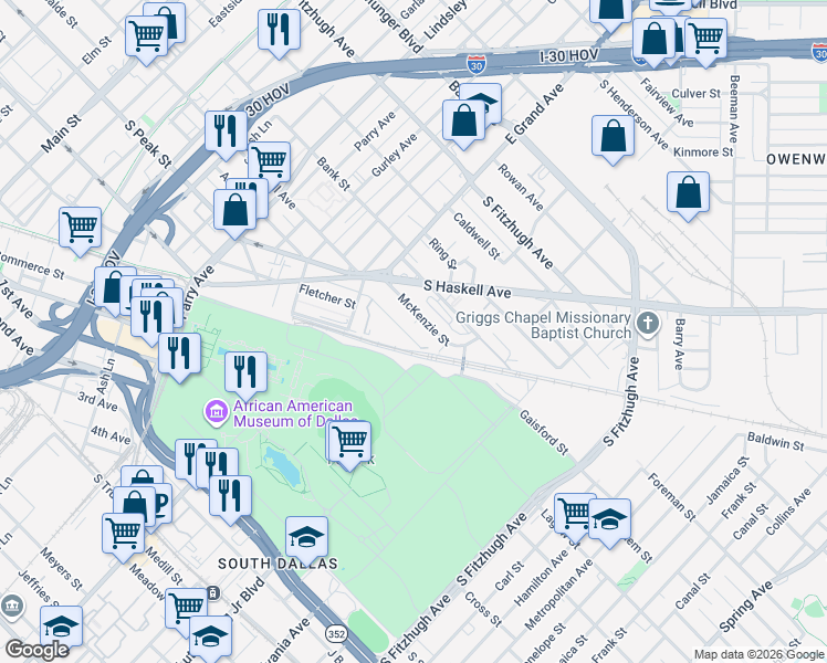 map of restaurants, bars, coffee shops, grocery stores, and more near 1328 Fletcher Street in Dallas
