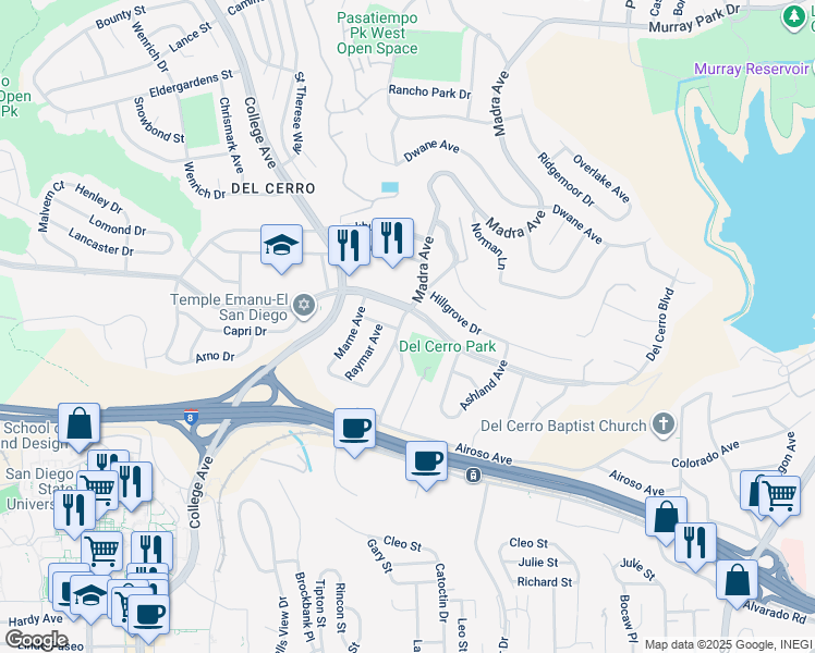 map of restaurants, bars, coffee shops, grocery stores, and more near 5701 Madra Avenue in San Diego