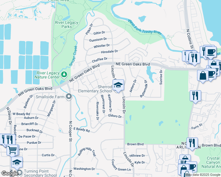 map of restaurants, bars, coffee shops, grocery stores, and more near 603 Sunlight Drive in Arlington