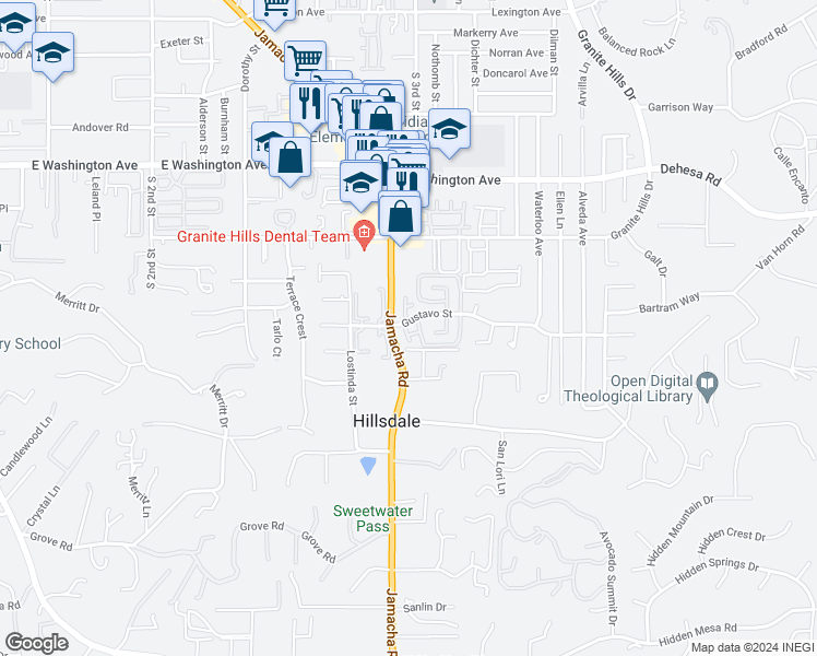 map of restaurants, bars, coffee shops, grocery stores, and more near 1501 Gustavo Street in El Cajon