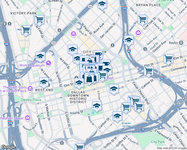 map of restaurants, bars, coffee shops, grocery stores, and more near 223 North Ervay Street in Dallas