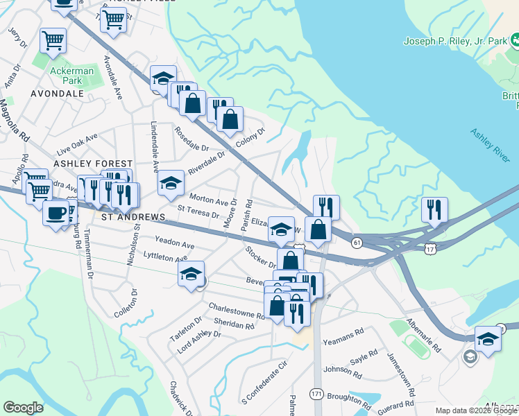 map of restaurants, bars, coffee shops, grocery stores, and more near 563 Godfrey Park Place in Charleston