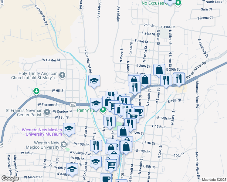 map of restaurants, bars, coffee shops, grocery stores, and more near 15 East 17th Street in Silver City