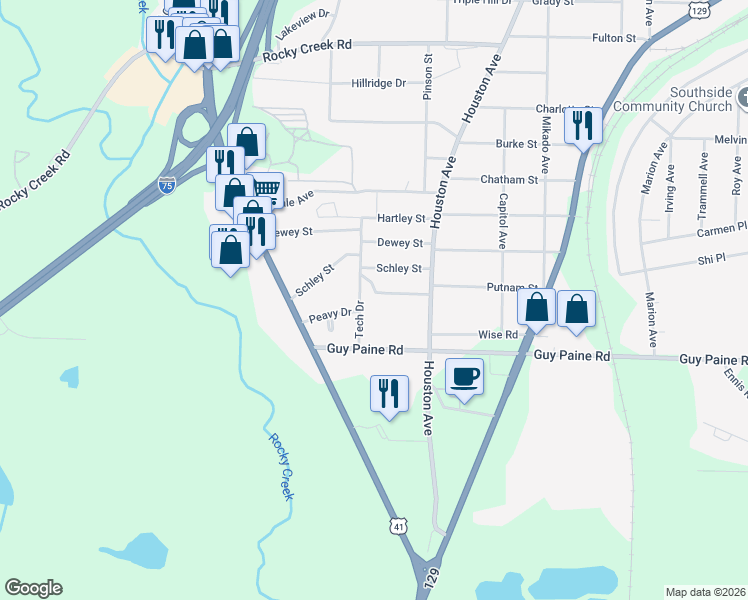 map of restaurants, bars, coffee shops, grocery stores, and more near 1250 Auburn Drive in Macon