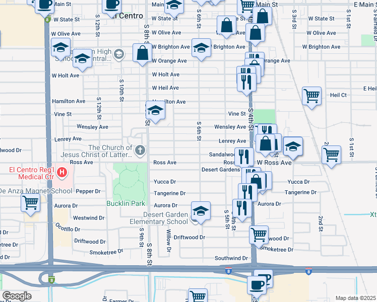 map of restaurants, bars, coffee shops, grocery stores, and more near 676 Sandalwood Drive in El Centro
