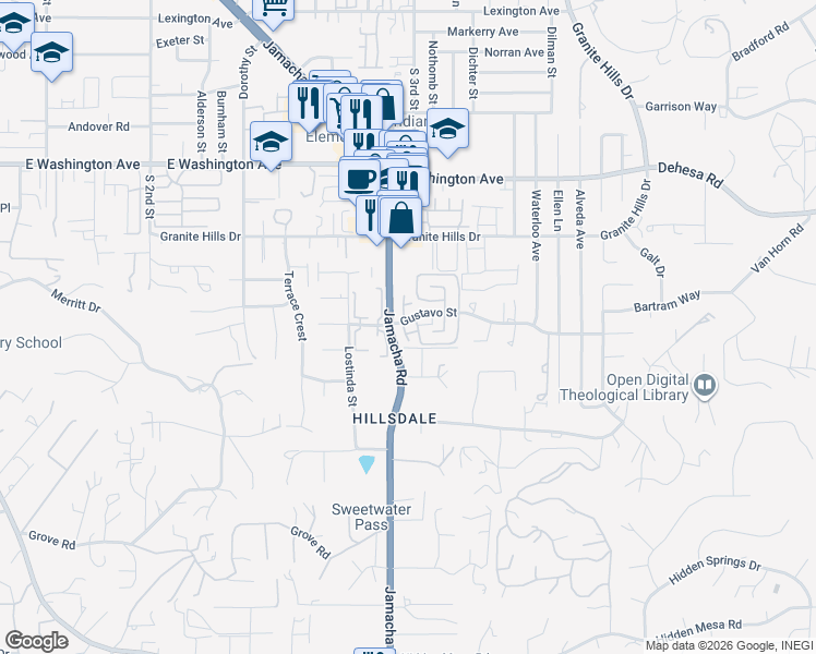 map of restaurants, bars, coffee shops, grocery stores, and more near 1539 Gustavo Street in El Cajon