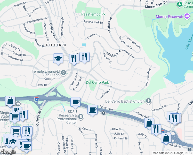map of restaurants, bars, coffee shops, grocery stores, and more near 6434 Del Cerro Boulevard in San Diego