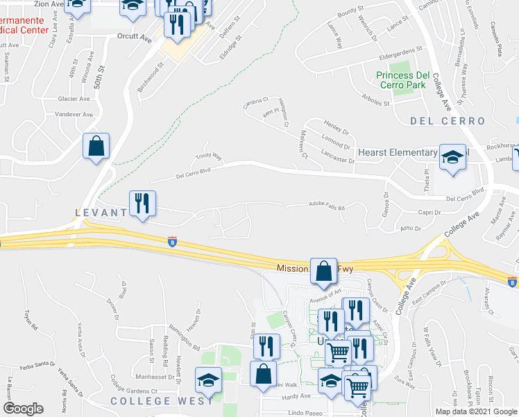 map of restaurants, bars, coffee shops, grocery stores, and more near 5727C Adobe Falls Road in San Diego