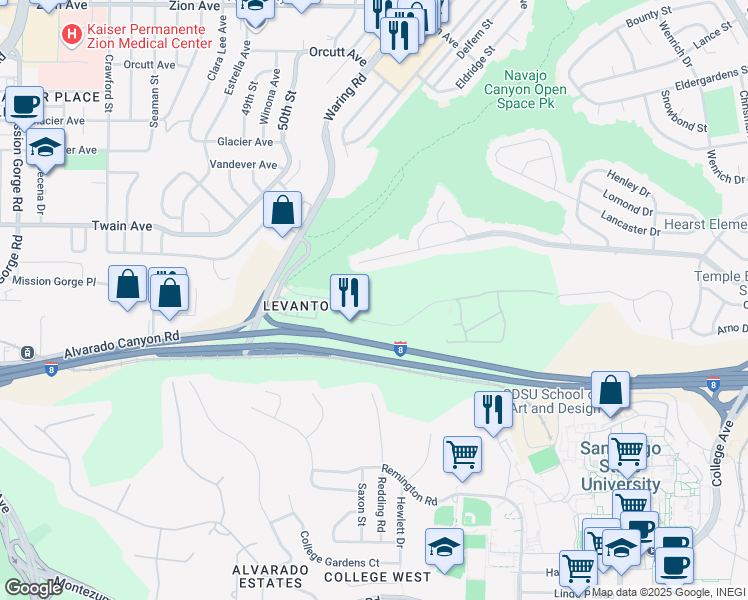 map of restaurants, bars, coffee shops, grocery stores, and more near 5422 Adobe Falls Road in San Diego