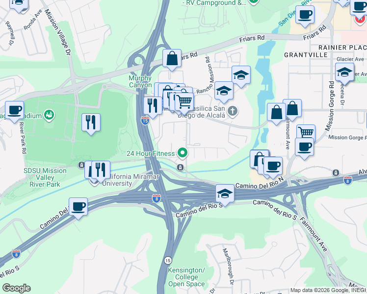 map of restaurants, bars, coffee shops, grocery stores, and more near 5906 Rancho Mission Road in San Diego