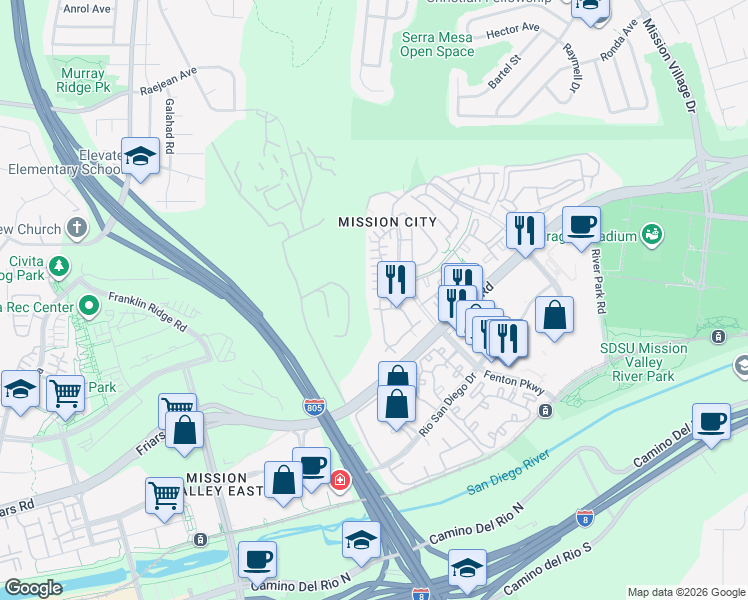 map of restaurants, bars, coffee shops, grocery stores, and more near 2948 Escala Circle in San Diego