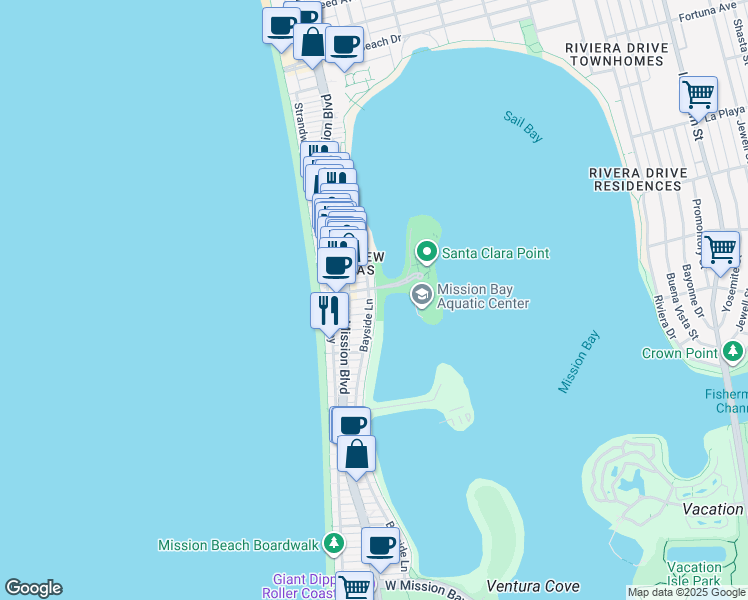 map of restaurants, bars, coffee shops, grocery stores, and more near 815 Santa Clara Place in San Diego