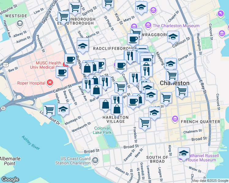 map of restaurants, bars, coffee shops, grocery stores, and more near 52 Bull Street in Charleston
