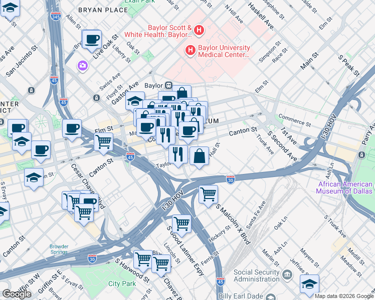 map of restaurants, bars, coffee shops, grocery stores, and more near 2908 Canton Street in Dallas