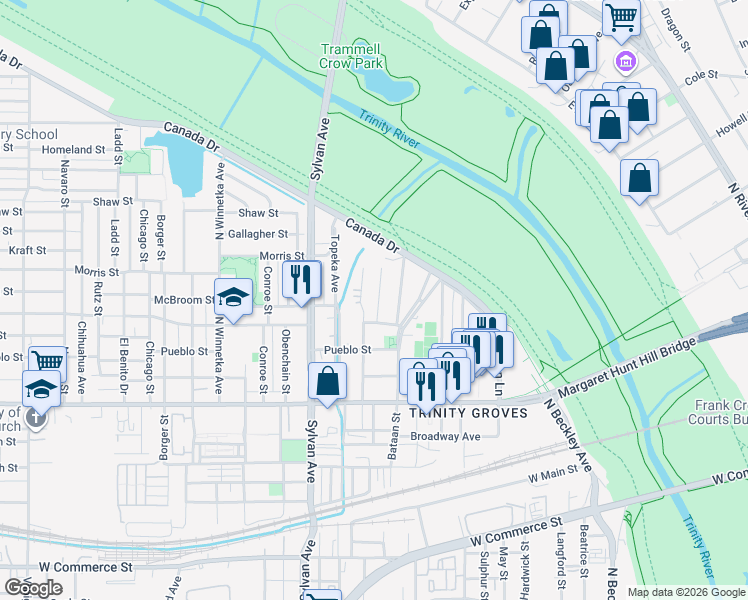 map of restaurants, bars, coffee shops, grocery stores, and more near 3328 Brantley Street in Dallas