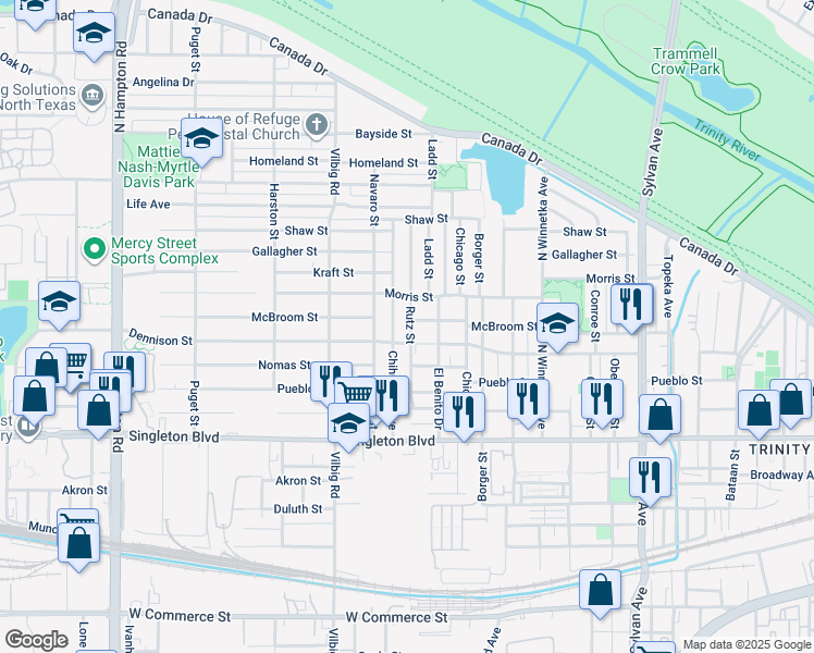 map of restaurants, bars, coffee shops, grocery stores, and more near 1518 McBroom Street in Dallas