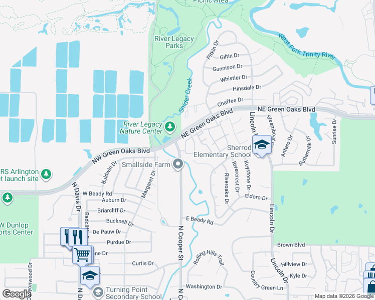 map of restaurants, bars, coffee shops, grocery stores, and more near 2721 Copper Creek Drive in Arlington