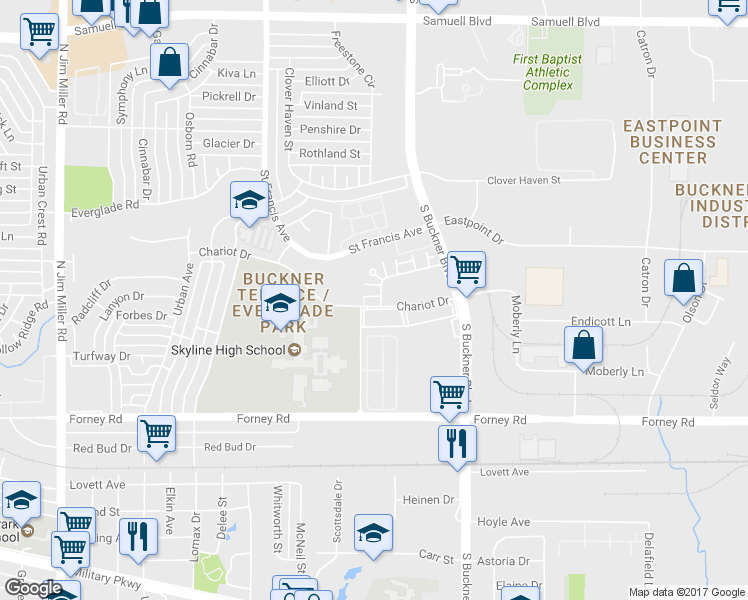 map of restaurants, bars, coffee shops, grocery stores, and more near 8001 Rothington Road in Dallas