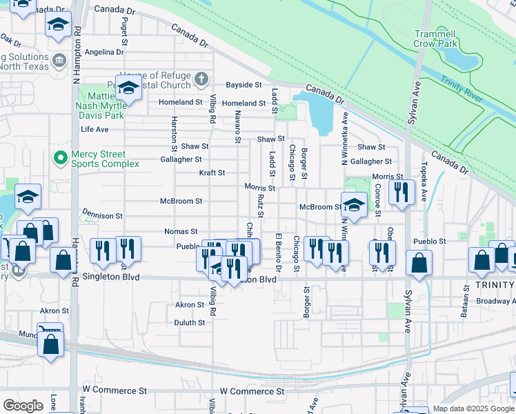 map of restaurants, bars, coffee shops, grocery stores, and more near 1518 McBroom Street in Dallas