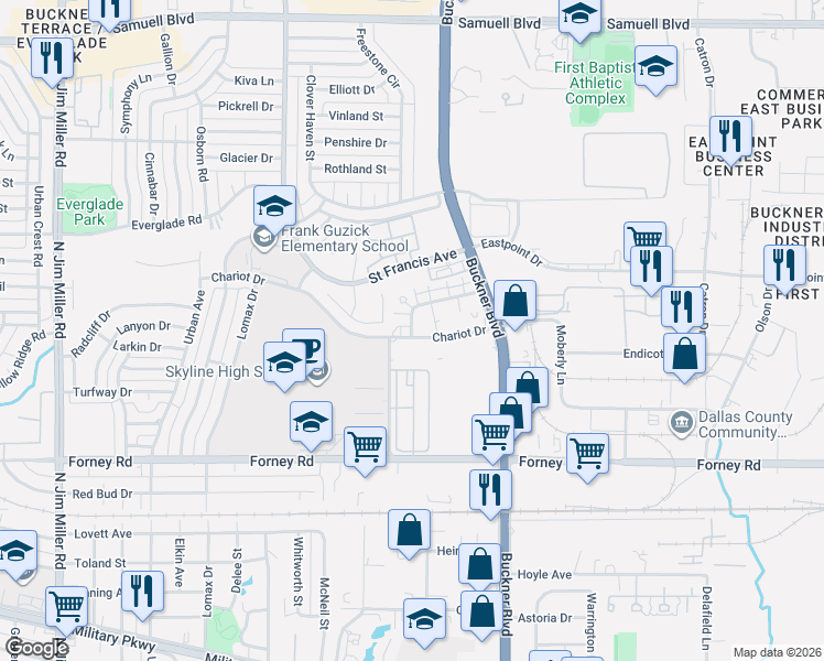 map of restaurants, bars, coffee shops, grocery stores, and more near 8005 Rothington Road in Dallas