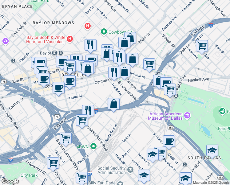 map of restaurants, bars, coffee shops, grocery stores, and more near 300-498 Trunk Ave in Dallas