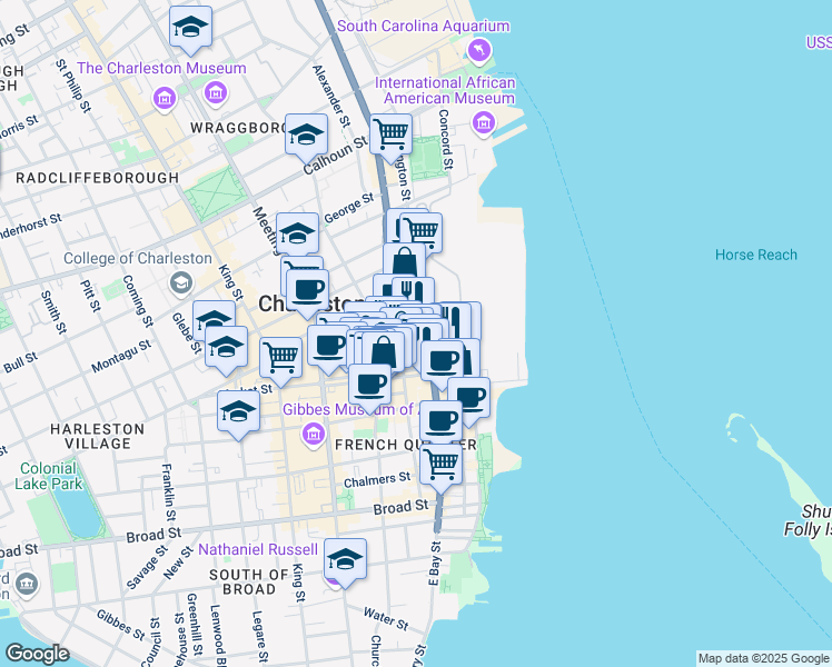 map of restaurants, bars, coffee shops, grocery stores, and more near 247 East Bay Street in Charleston