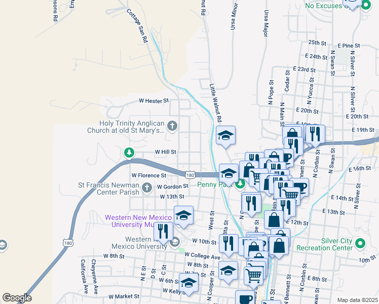 map of restaurants, bars, coffee shops, grocery stores, and more near 600 West Hill Street in Silver City