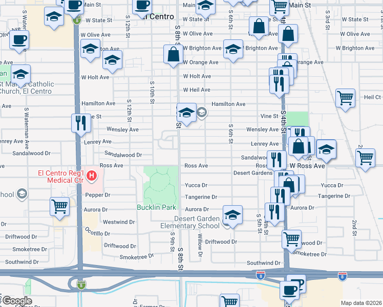 map of restaurants, bars, coffee shops, grocery stores, and more near 744 Sandalwood Drive in El Centro