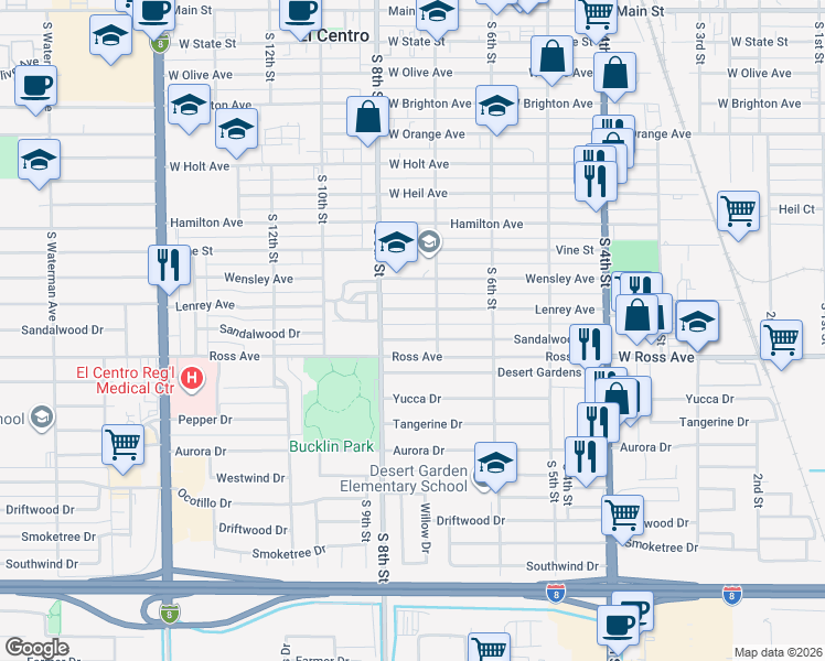 map of restaurants, bars, coffee shops, grocery stores, and more near 744 Sandalwood Drive in El Centro