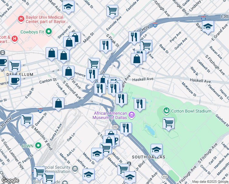 map of restaurants, bars, coffee shops, grocery stores, and more near 874 Exposition Avenue in Dallas
