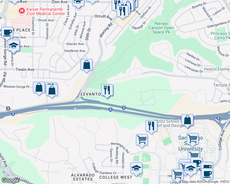 map of restaurants, bars, coffee shops, grocery stores, and more near 5442 Adobe Falls Road in San Diego