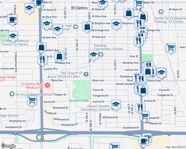 map of restaurants, bars, coffee shops, grocery stores, and more near 776 Sandalwood Drive in El Centro