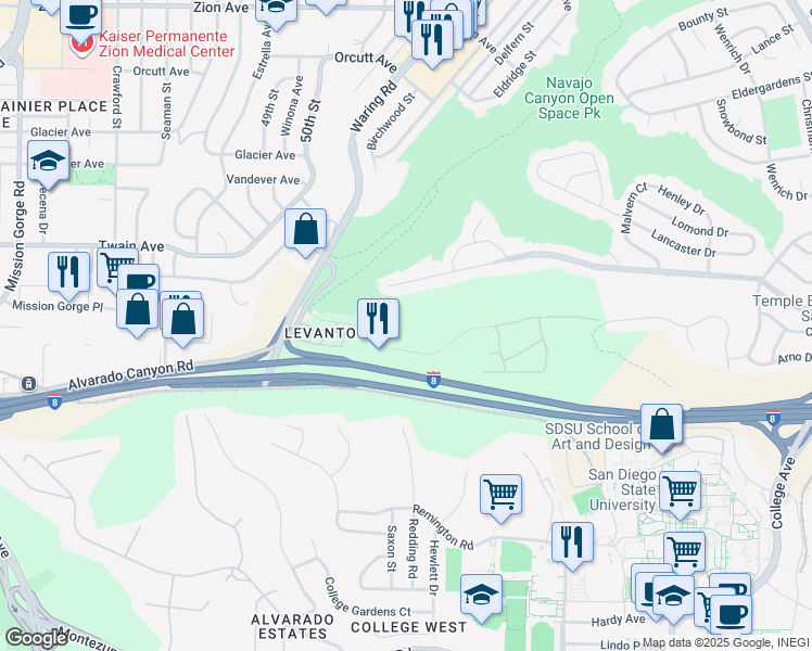 map of restaurants, bars, coffee shops, grocery stores, and more near 5422 Adobe Falls Road in San Diego