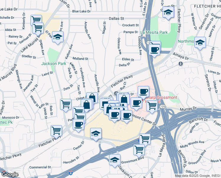map of restaurants, bars, coffee shops, grocery stores, and more near 8707 Fletcher Parkway in La Mesa