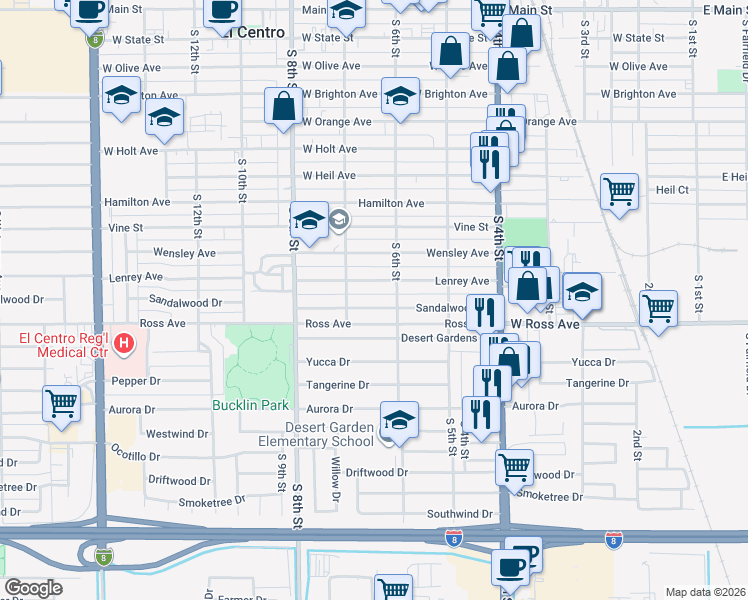map of restaurants, bars, coffee shops, grocery stores, and more near 676 Sandalwood Drive in El Centro