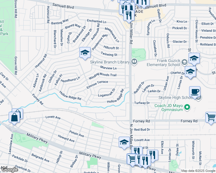 map of restaurants, bars, coffee shops, grocery stores, and more near 5743 Russcrest Drive in Dallas