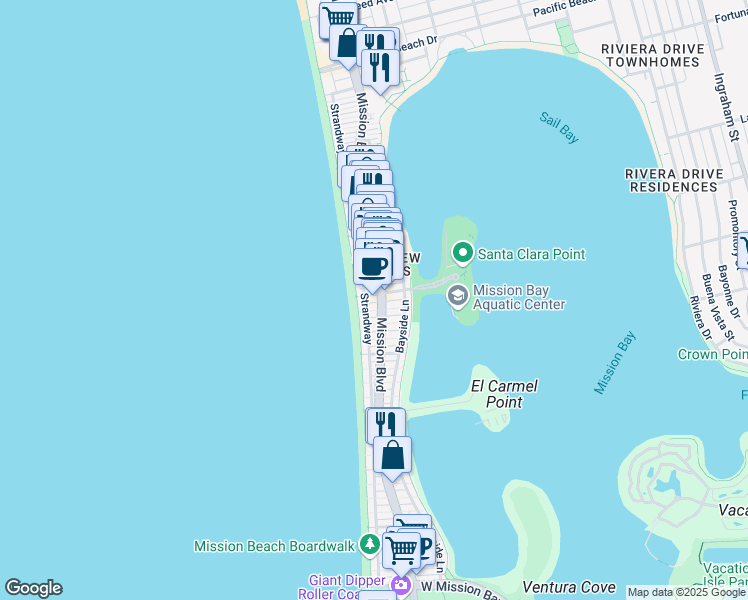 map of restaurants, bars, coffee shops, grocery stores, and more near 735 Santa Clara Place in San Diego