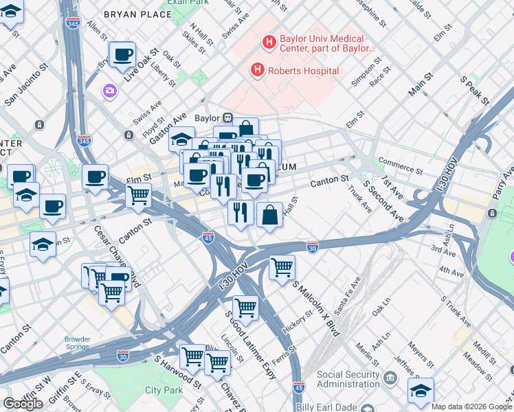 map of restaurants, bars, coffee shops, grocery stores, and more near 2900 Canton Street in Dallas