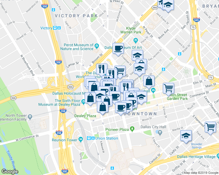 map of restaurants, bars, coffee shops, grocery stores, and more near 1007 Ross Avenue in Dallas