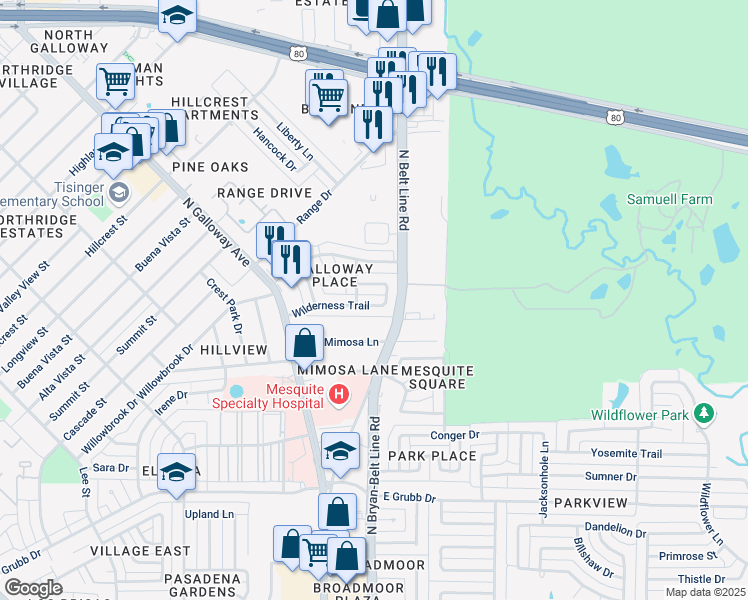 map of restaurants, bars, coffee shops, grocery stores, and more near 115 Wilderness Trail in Mesquite