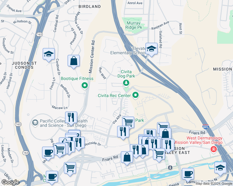 map of restaurants, bars, coffee shops, grocery stores, and more near 2624 Aperture Circle in San Diego