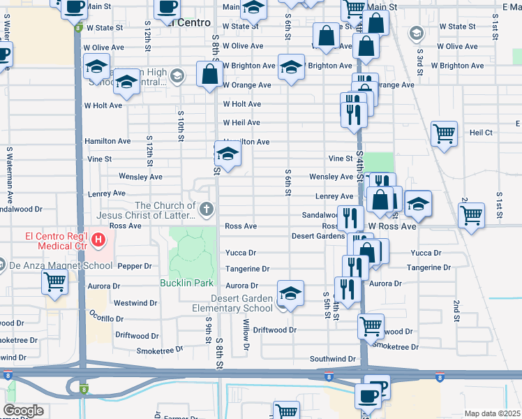 map of restaurants, bars, coffee shops, grocery stores, and more near 676 Sandalwood Drive in El Centro