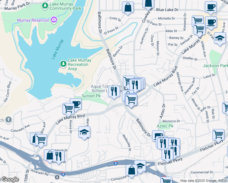 map of restaurants, bars, coffee shops, grocery stores, and more near 5576 Lake Park Way in La Mesa