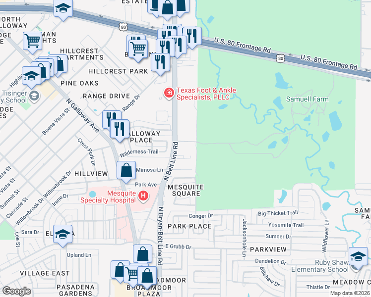 map of restaurants, bars, coffee shops, grocery stores, and more near 1350 N Belt Line Rd in Mesquite