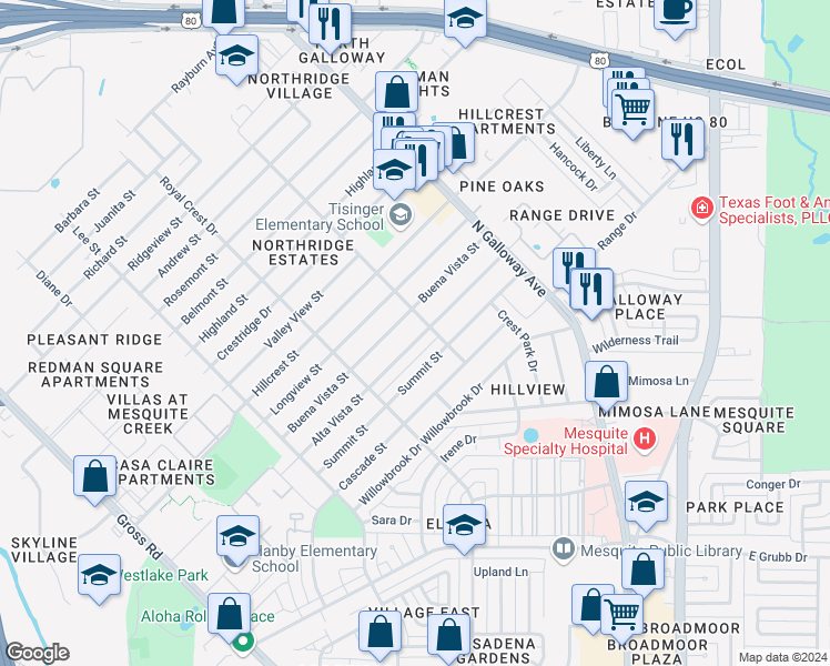 map of restaurants, bars, coffee shops, grocery stores, and more near 1623 Alta Vista Street in Mesquite