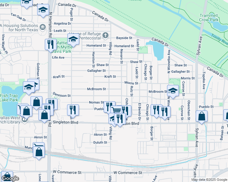 map of restaurants, bars, coffee shops, grocery stores, and more near 1724 McBroom Street in Dallas