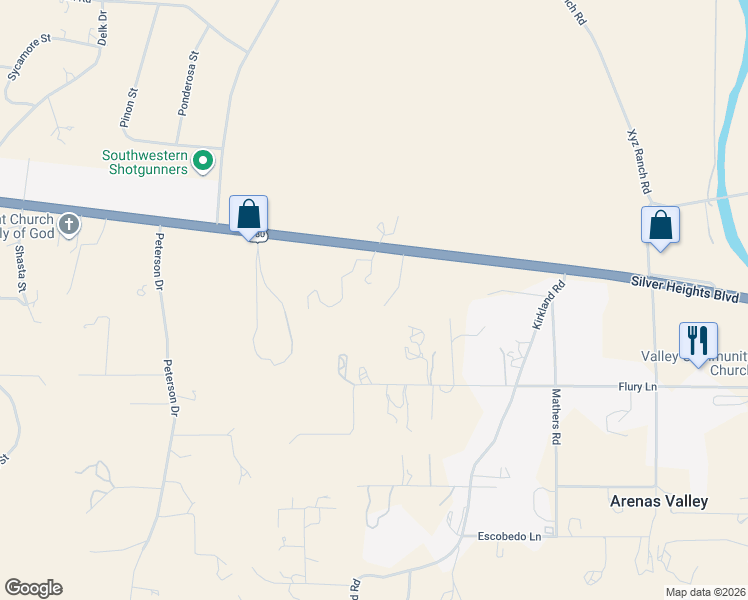 map of restaurants, bars, coffee shops, grocery stores, and more near 11674 Petes Pass Road in Silver City