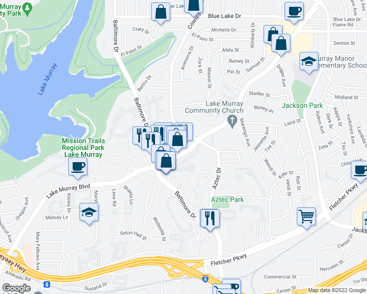 map of restaurants, bars, coffee shops, grocery stores, and more near 5660 Lake Murray Boulevard in La Mesa