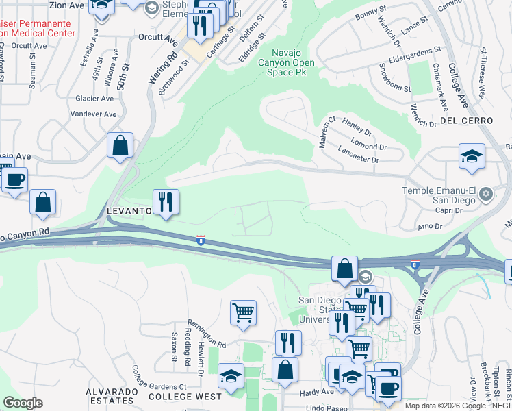 map of restaurants, bars, coffee shops, grocery stores, and more near 5617 Adobe Falls Road in San Diego